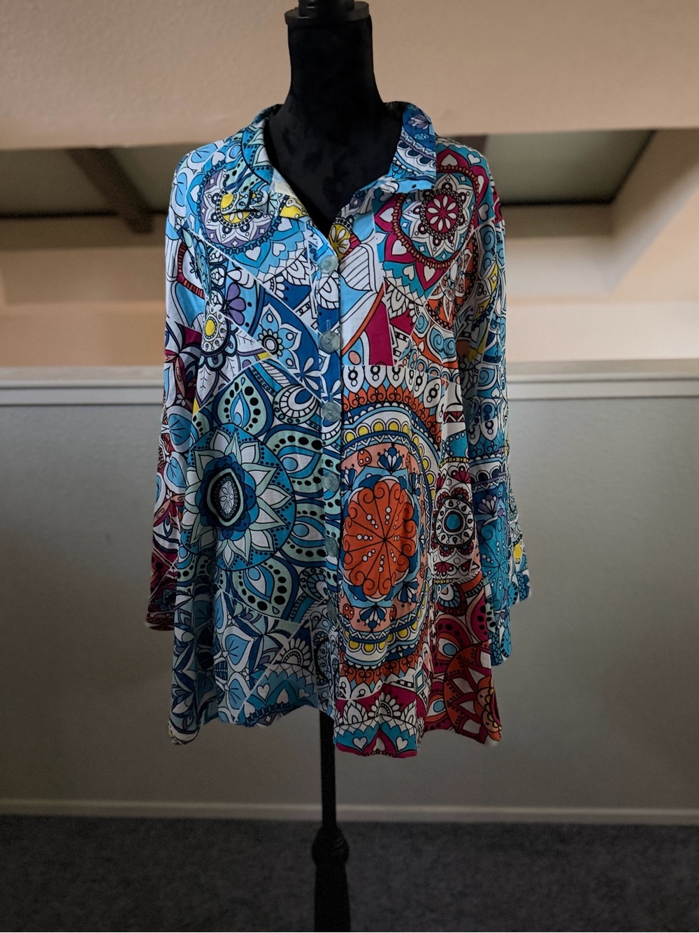 Women Plus Ali Miles Multicolor Geometric Woven Collared Button Up 3X